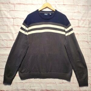 Izod Sweater Mens 2XL Blue Gray Stripe Crewneck Pullover Cotton‎ Blend Preppy